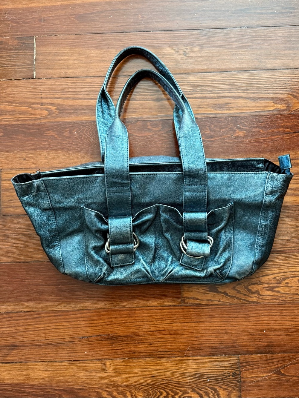Classic Metallic Leather Shoulder Bag with Buckle Accents
